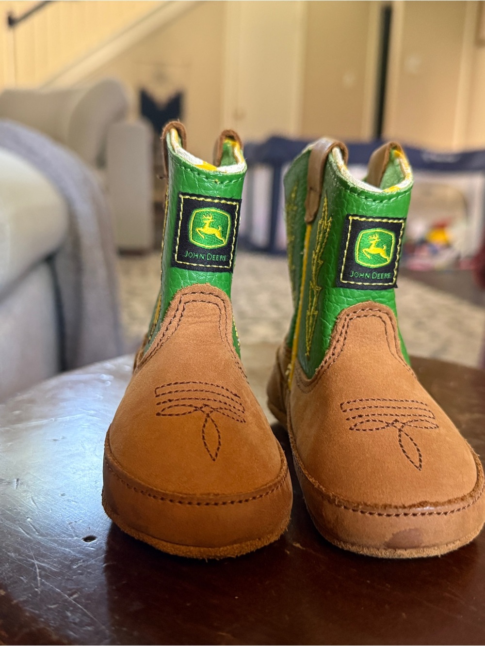 John Deere Baby Brown and Green Pull-On Western Boots